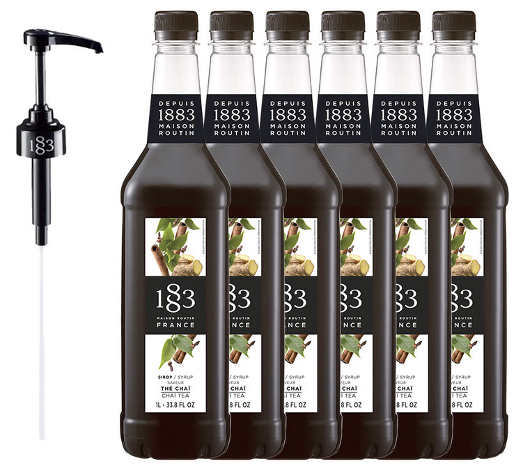 Conjunto de 6 xaropes de chá chai para uso profissional – Garrafa de plástico – 6 x 1 litro + Bomba dosadora 1883 ROUTIN