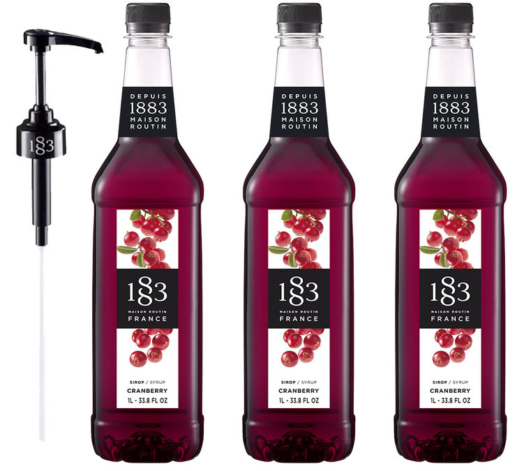 Conjunto de 3 xaropes para uso profissional com sabor a arando vermelho – Garrafa de plástico – 3 x 1 litro + Bomba dosificadora 1883 ROUTIN.