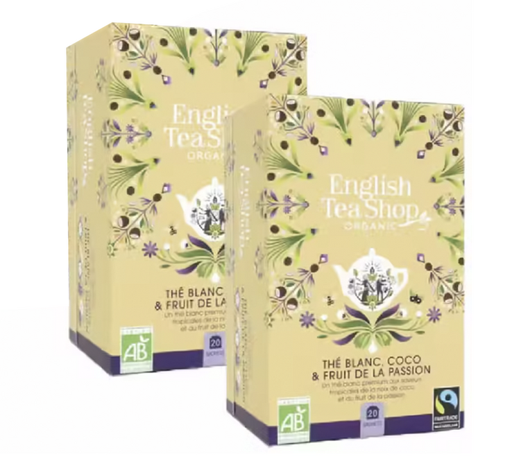 Packung mit Bio- und Fairtrade-Weißtee mit Kokos- und Passionsfruchtgeschmack - 2 x 20 Teebeutel - FAIRTRADE - ENGLISH TEA SHOP