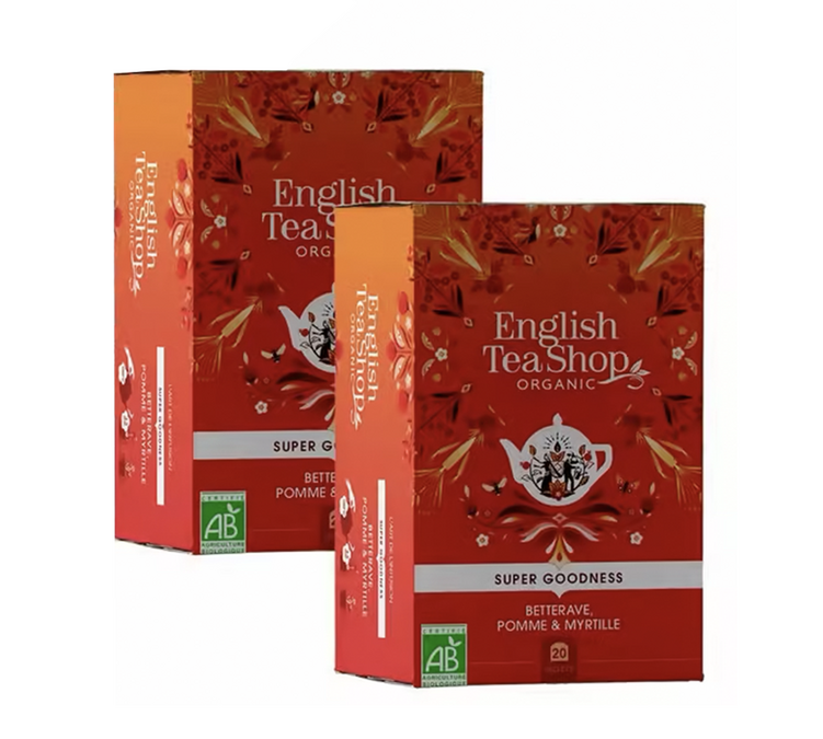 Förpackning med ekologiskt te: Rödbeta, äpple och blåbär – 2 x 20 tepåsar – ENGLISH TEA SHOP