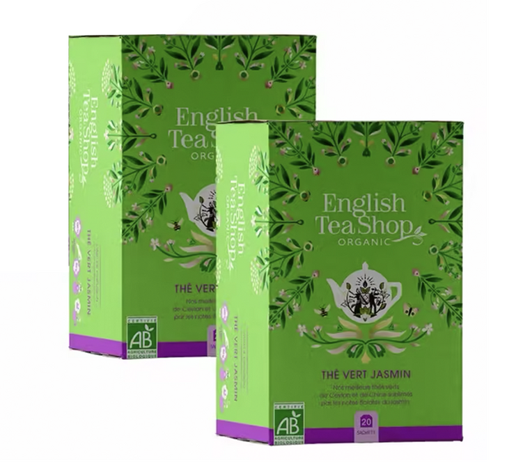 Förpackning med ekologiskt grönt te med jasmin – 2 x 20 tepåsar – ENGLISH TEA SHOP