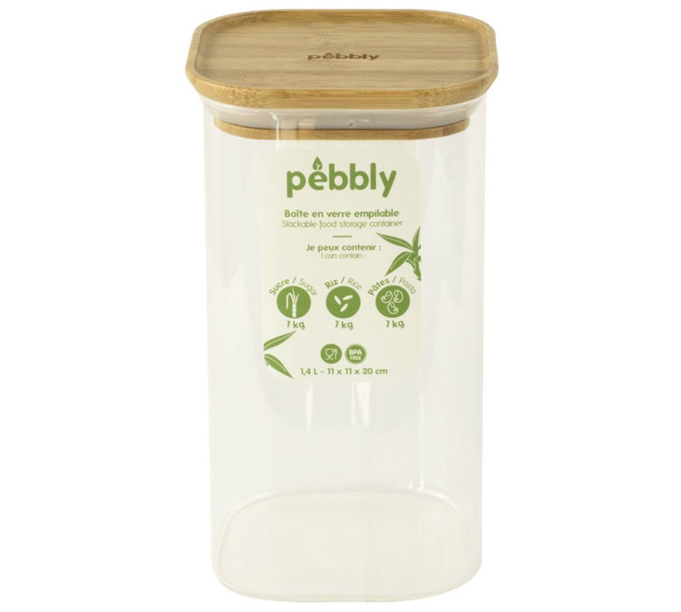 Kvadratinė maisto laikymo dėžutė – stiklinė ir bambukinė, 1,4 litro talpos – „PEBBLY“