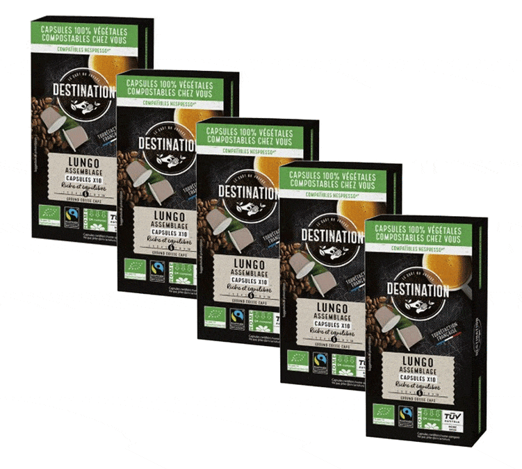 50 „Nespresso* Original Lungo“ tipo bio kapsulių, pagamintų pagal „Fairtrade/Max Havelaar“ standartus – „DESTINATION“ linija.