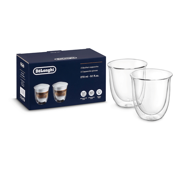 Dwa szklane kubki do cappuccino, pojemność 270 ml – DELONGHI.