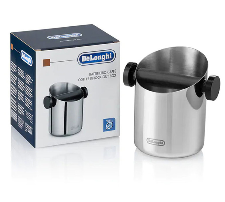 DeLonghi – wolnostojący pojemnik na fusy ze stali nierdzewnej.