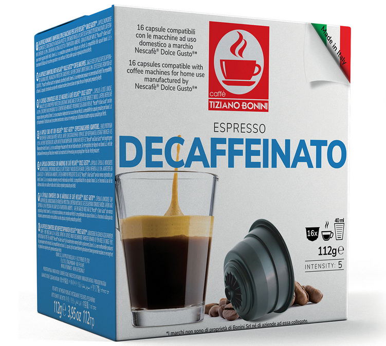 16 kapslar, kompatibla med Nescafé* Dolce Gusto* Espresso, koffeinfria – CAFFE BONINI