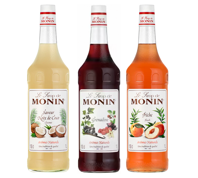 3 db-os Monin szirup készlet: Őszibarack / Kokusz / Gránátalma, 3 x 1 liter.