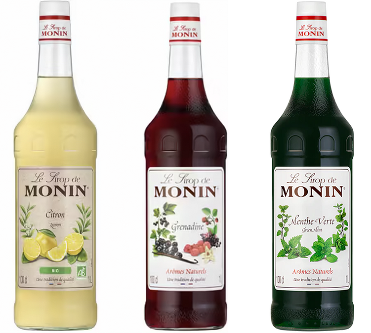 3er-Pack Monin Sirup: Minze / Granatapfel / Zitrone, Bio, 3 x 1 Liter.