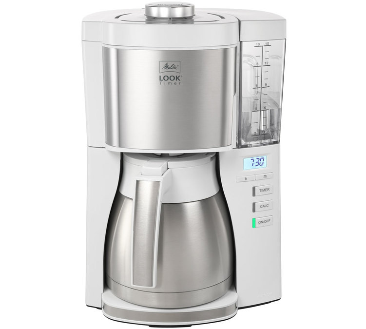White Melitta Look V Therm Timer coffee maker, model 1025-17, plus a gift offer.
